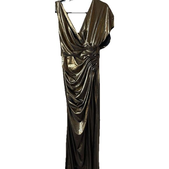 $498 New Ieena for Mac Duggal  Gold Asymmetrical Draped Metallic Trumpet Gown 4 - Picture 5 of 6
